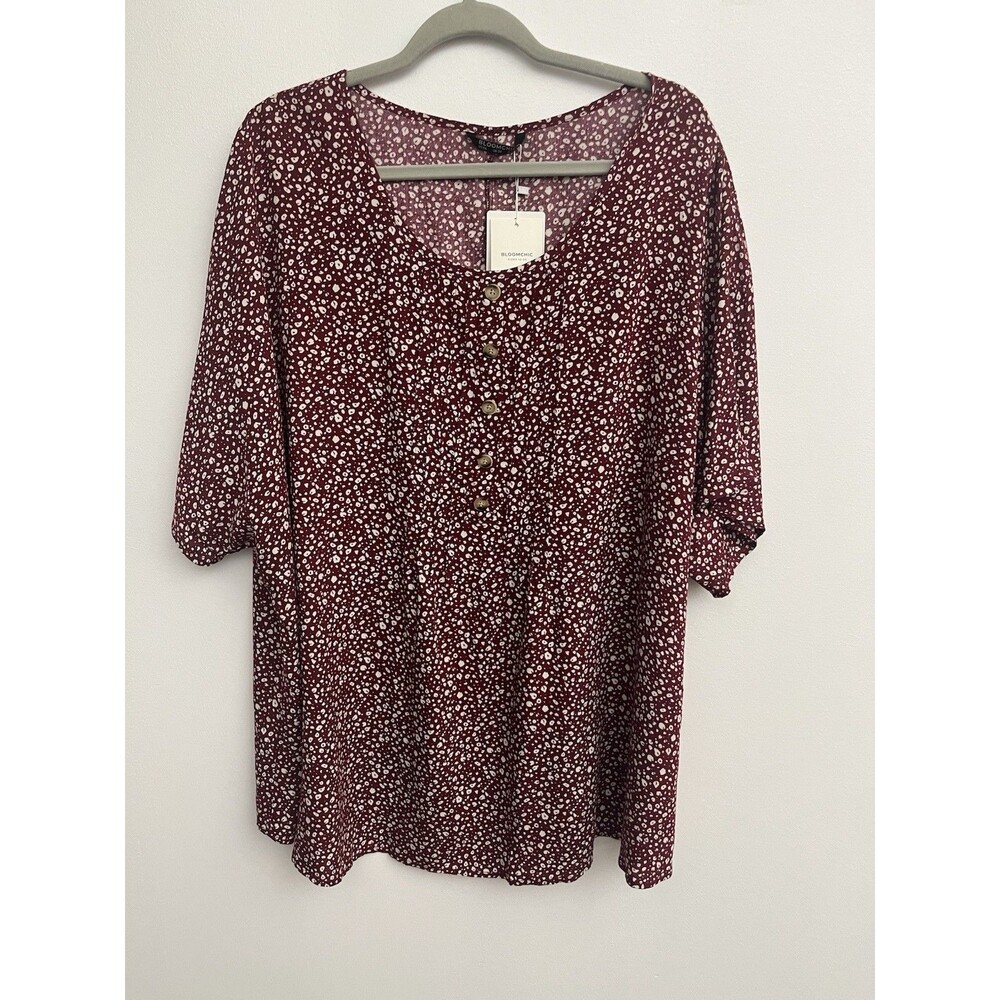 BloomChic Womens Plus Size US 26 Short Sleeve Pleated Blouse Top Burgundy Floral